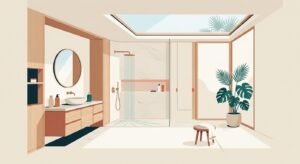 Salle de bain moderne et lumineuse avec matériaux naturels