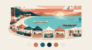 Stands colorés d'une foire artisanale au bord du lagon à Nouméa