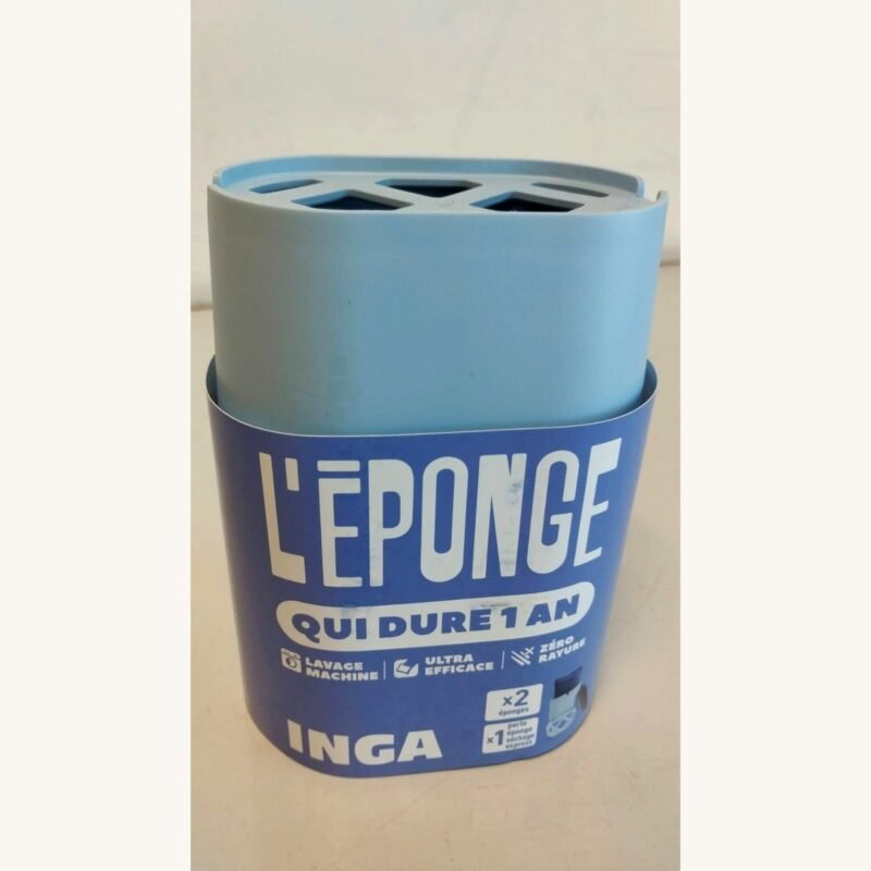 Emballage du duo d'éponges Inga, l'éponge qui dure 1 an, avec son porte-éponge bleu Emballage du duo d'éponges Inga, l'éponge qui dure 1 an, avec son porte-éponge bleu